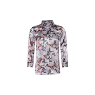 The Dani Silk Blouse features long sleeves and a button-down front, adorned with a mauve butterfly print in shades of purple, pink, brown, and gray on a white background, showcased against a plain white backdrop.