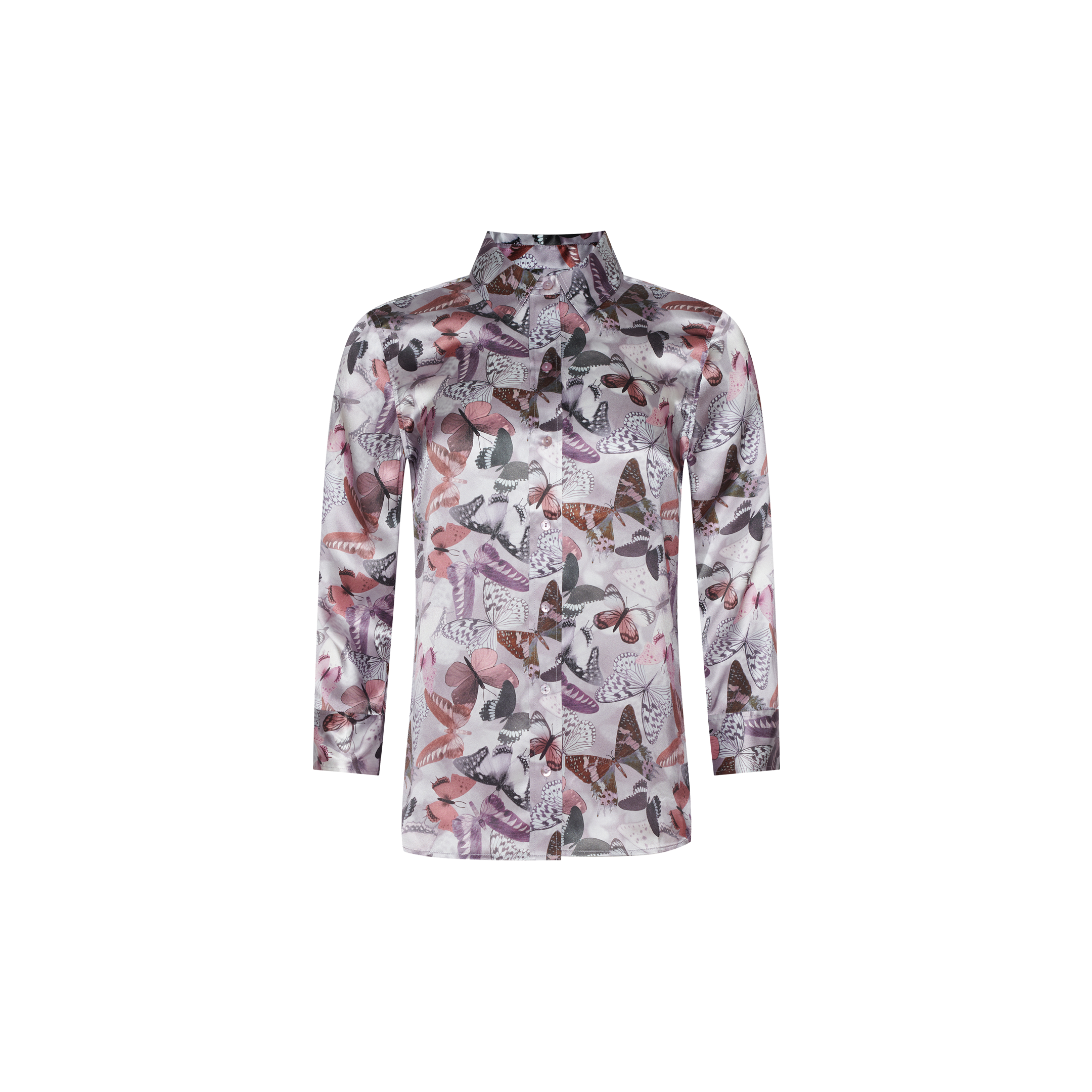 The Dani Silk Blouse features long sleeves and a button-down front, adorned with a mauve butterfly print in shades of purple, pink, brown, and gray on a white background, showcased against a plain white backdrop.