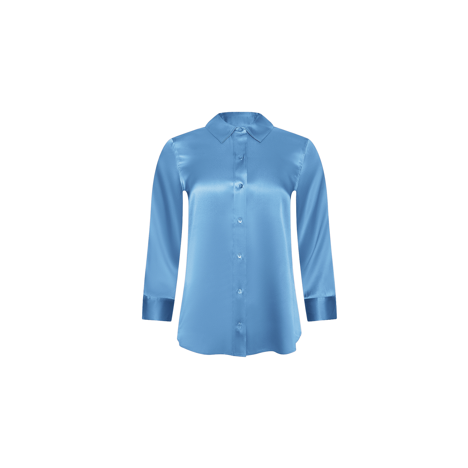 A long-sleeve, button-up Dani Silk Blouse crafted from shiny light blue mist satin, displayed on a plain white background.
