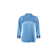A Dani Silk Blouse in Blue Mist with long sleeves and button-down front, shown against a plain white background.