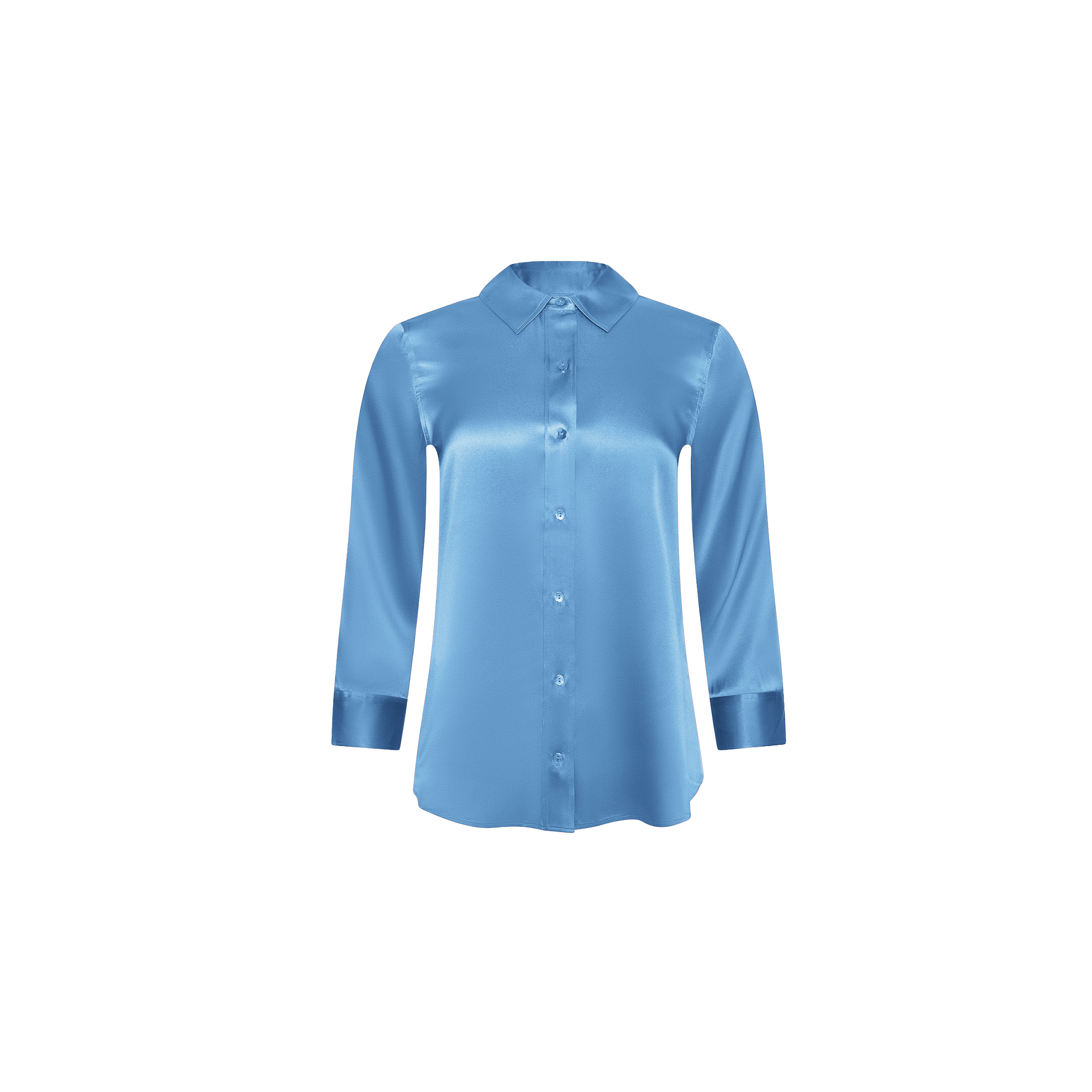 A Dani Silk Blouse in Blue Mist with long sleeves and button-down front, shown against a plain white background.