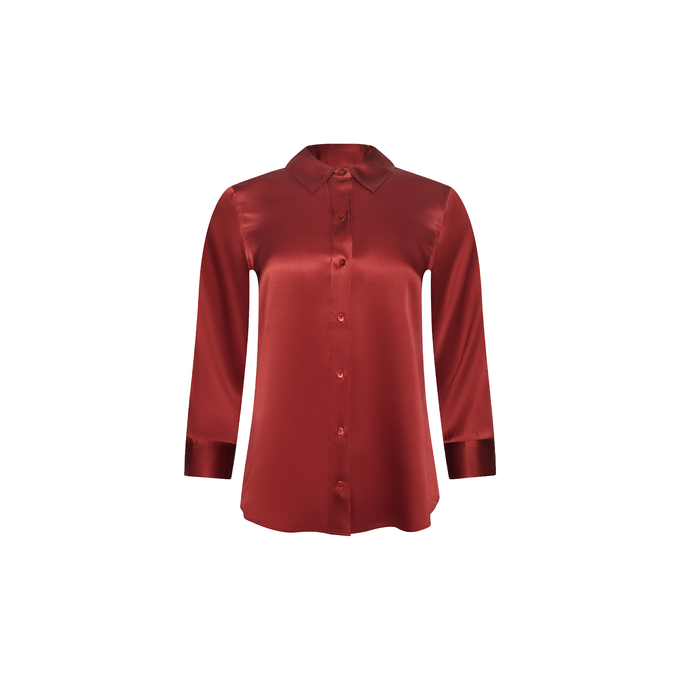 Dani Silk Blouse in dark red silk charmeuse featuring a pointed collar, long sleeves, and wide cuffs.