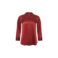 Dani Silk Blouse in dark red silk charmeuse featuring a pointed collar, long sleeves, and wide cuffs.