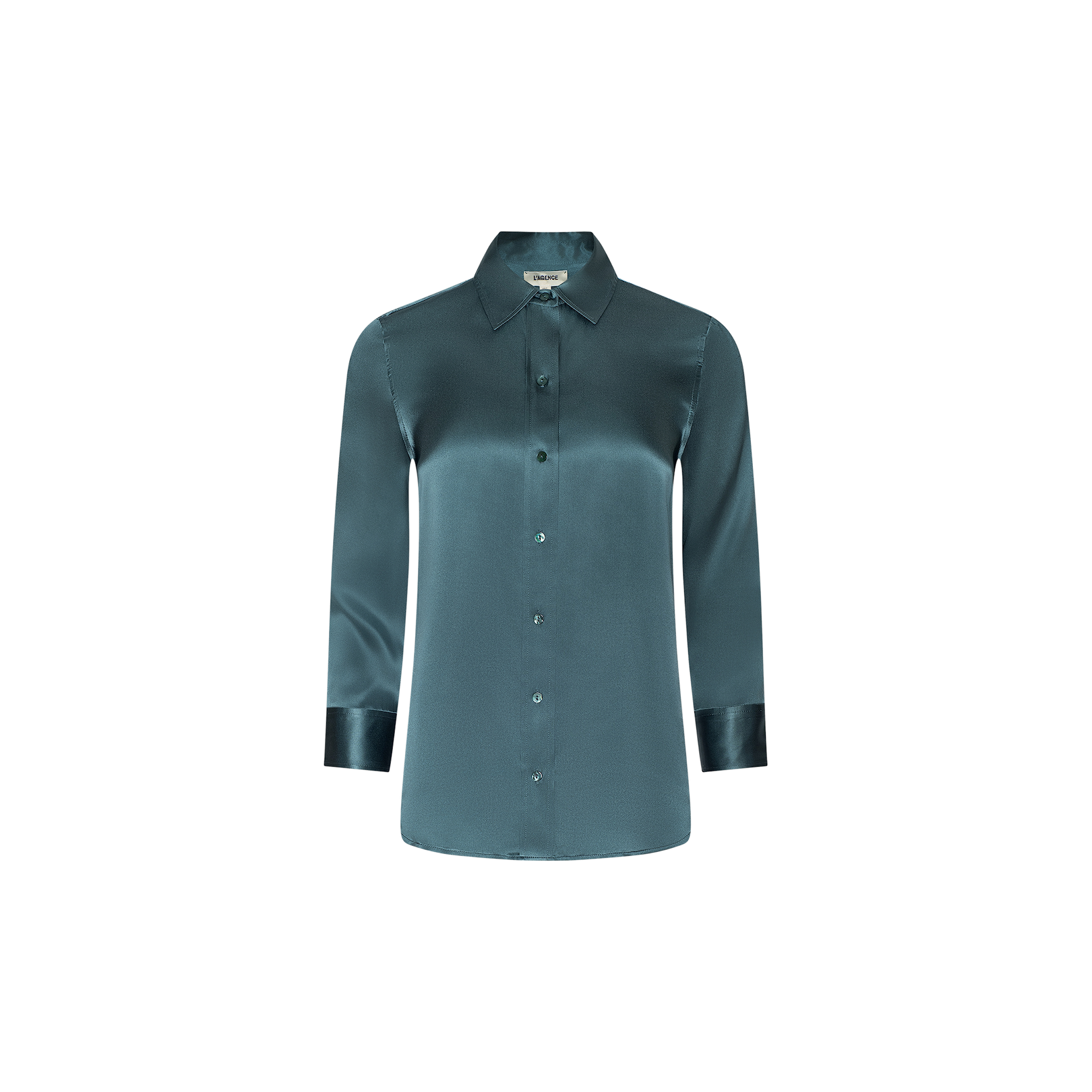 The Dani Silk Blouse is a cadet blue, long-sleeve button-up shirt with a collar, crafted from shiny satin fabric, displayed on a plain white background.