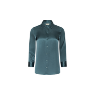 A Dani Silk Blouse in cadet blue satin, designed with long sleeves, a pointed collar, and shiny buttoned cuffs, is showcased against a plain white background.