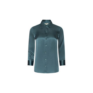 The Dani Silk Blouse is a cadet blue, long-sleeve button-up shirt with a collar, crafted from shiny satin fabric, displayed on a plain white background.