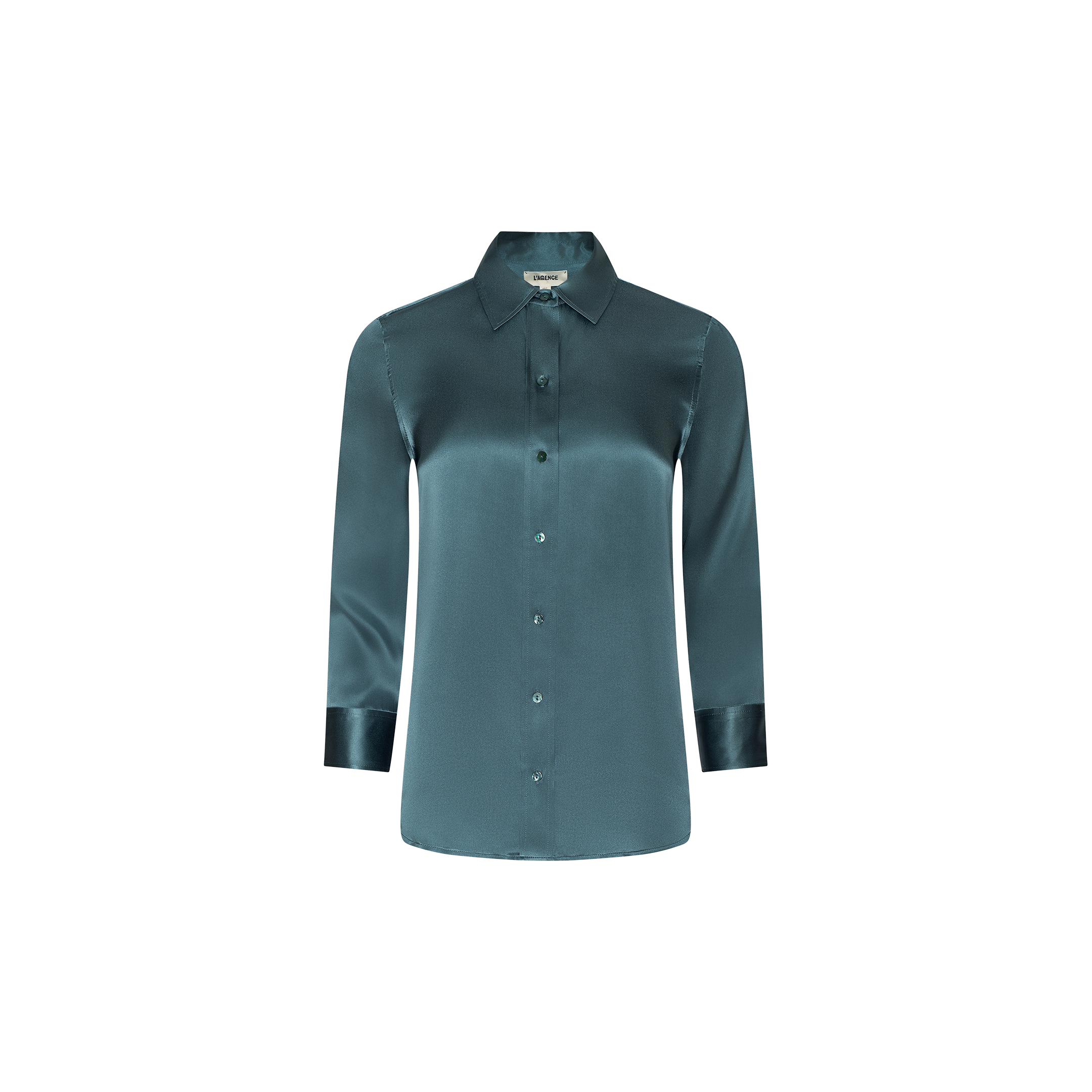 A Dani Silk Blouse in cadet blue satin, designed with long sleeves, a pointed collar, and shiny buttoned cuffs, is showcased against a plain white background.