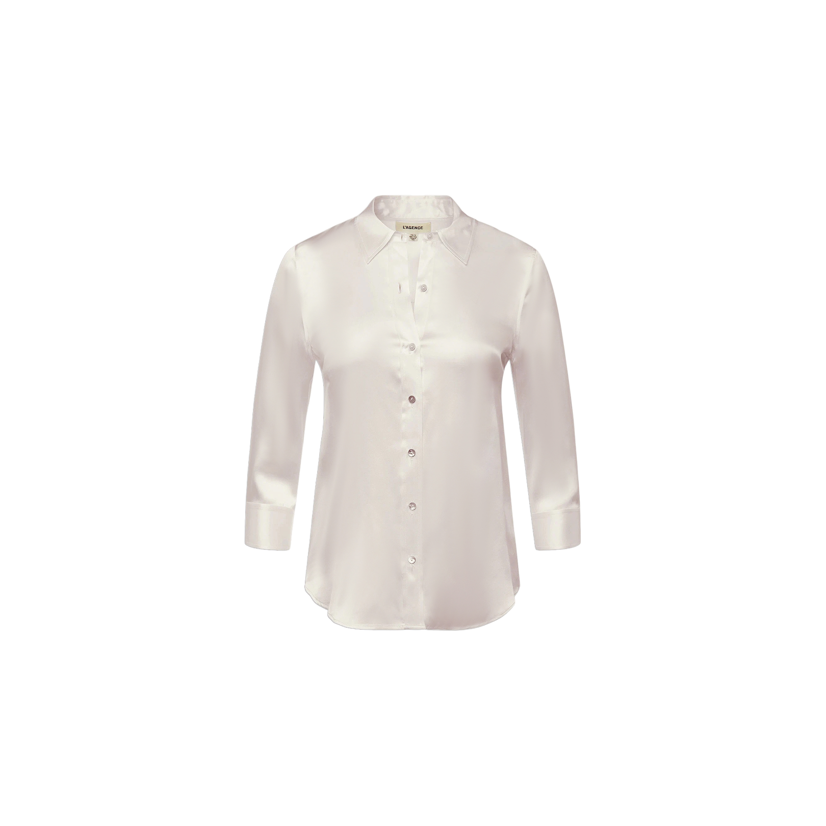 The Dani Silk Blouse is a long-sleeve, button-down, light pink silk charmeuse top with a collar, displayed on a plain white background.