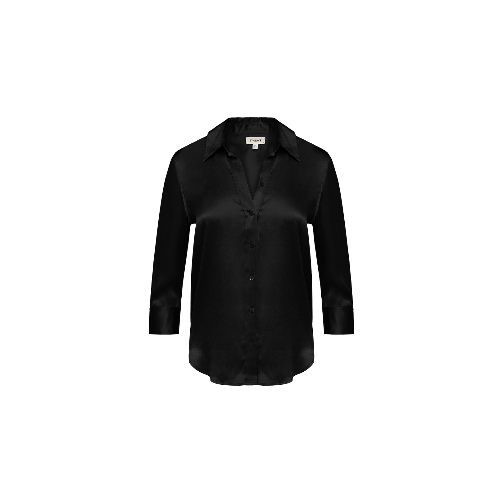 The Dani Silk Blouse is a black, long-sleeved, button-up top with a collar, crafted from luxurious charmeuse silk for a sleek and refined appearance. Displayed against a white background, this elegant blouse combines timeless style with modern sophistication.