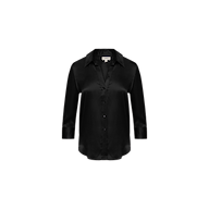 The Dani Silk Blouse, a black button-down featuring long sleeves, a classic collar, and front buttons, is displayed against a plain white background.