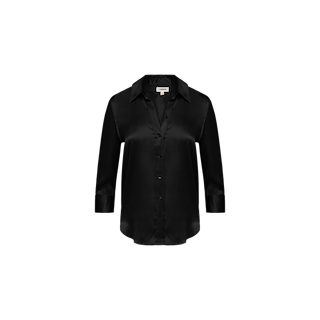 The Dani Silk Blouse is a black, long-sleeved, button-up top with a collar, crafted from luxurious charmeuse silk for a sleek and refined appearance. Displayed against a white background, this elegant blouse combines timeless style with modern sophistication.