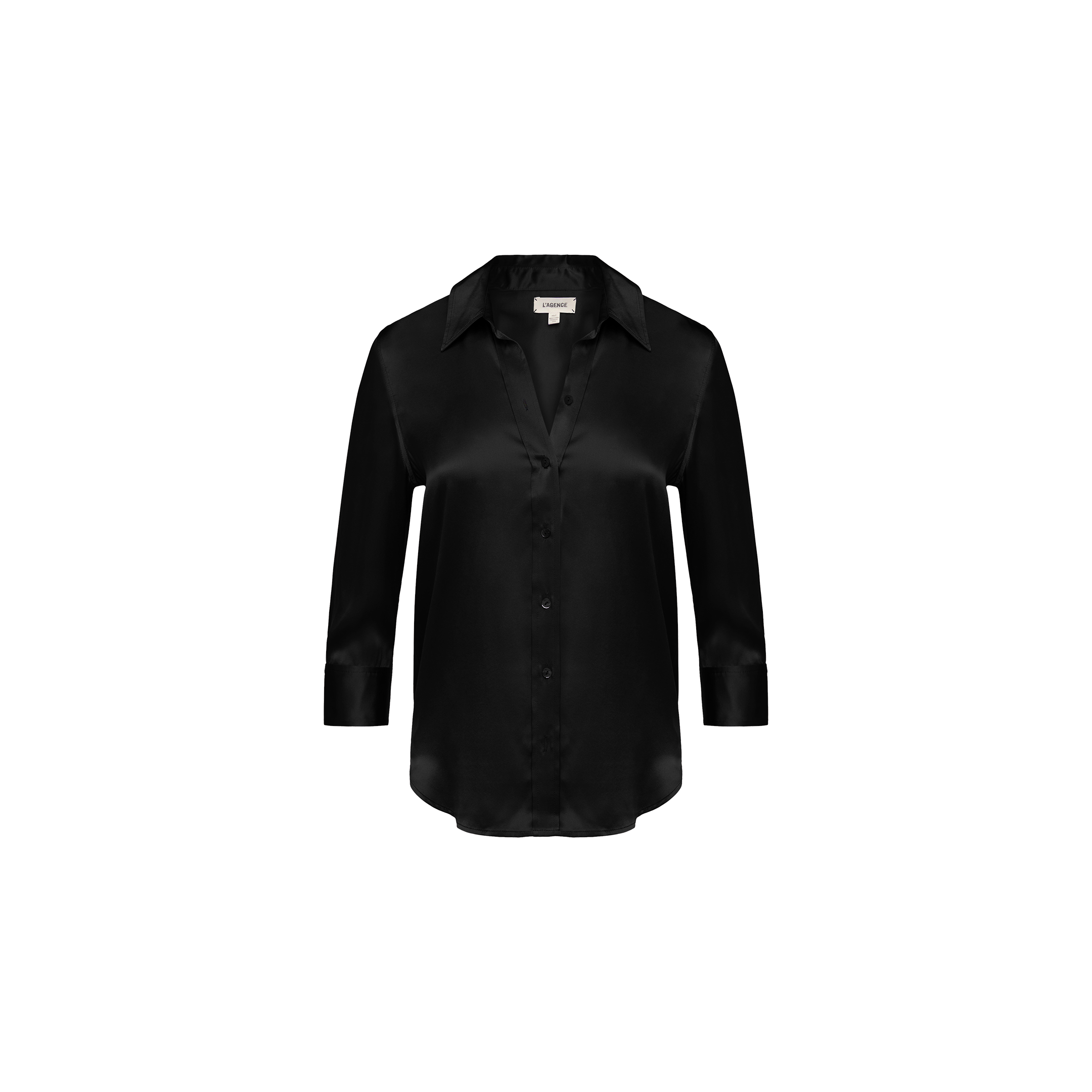 The Dani Silk Blouse, a black button-down featuring long sleeves, a classic collar, and front buttons, is displayed against a plain white background.