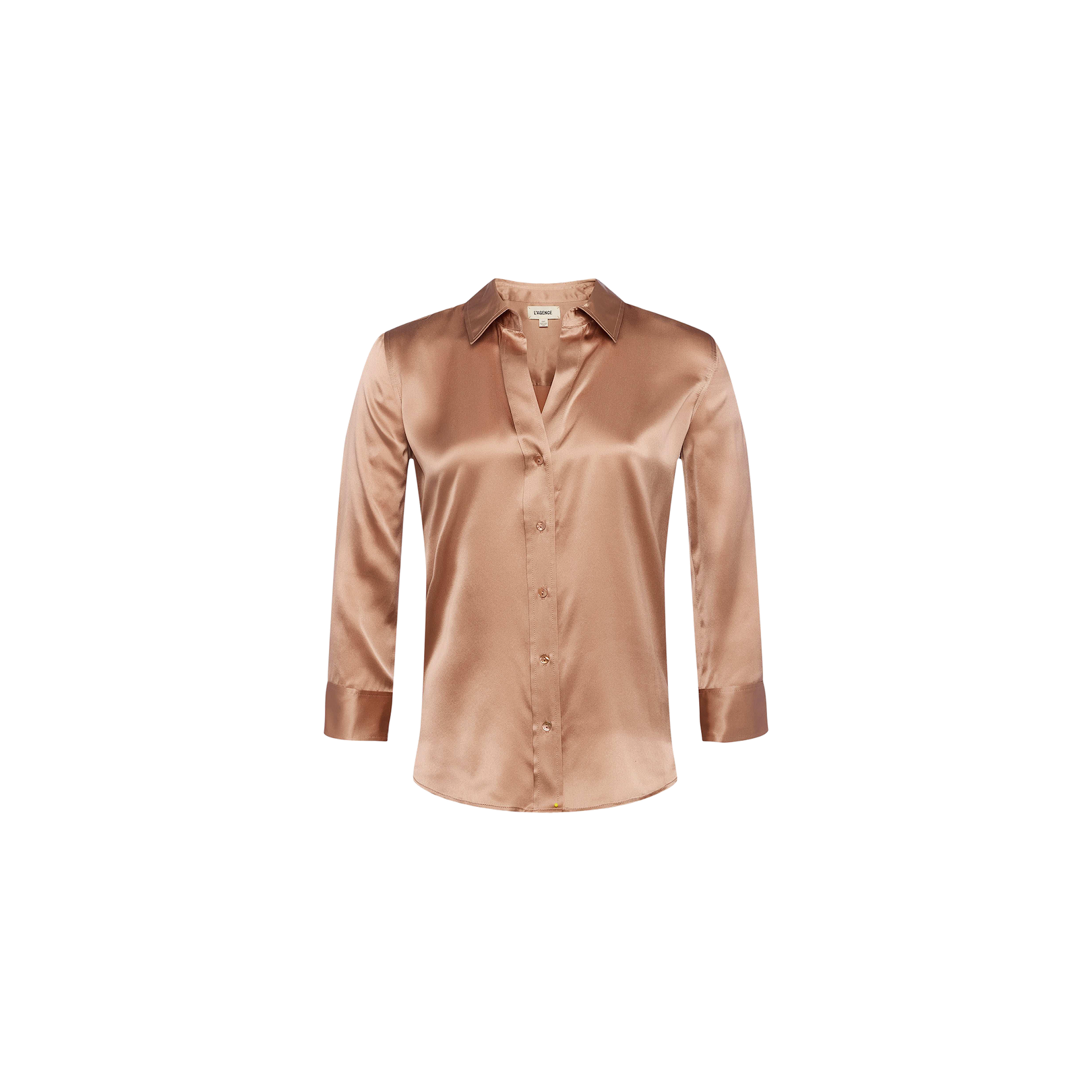 The Dani Silk Blouse is a shiny, light brown silk charmeuse top with a collar, button-down front, and elegant long sleeves, displayed against a plain white background.