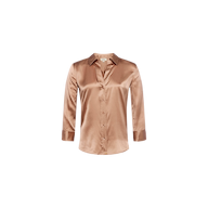 The Dani Silk Blouse is a light brown, three-quarter sleeve button-down top with a collar, displayed on a plain white background.