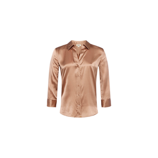 The Dani Silk Blouse is a shiny, light brown silk charmeuse top with a collar, button-down front, and elegant long sleeves, displayed against a plain white background.