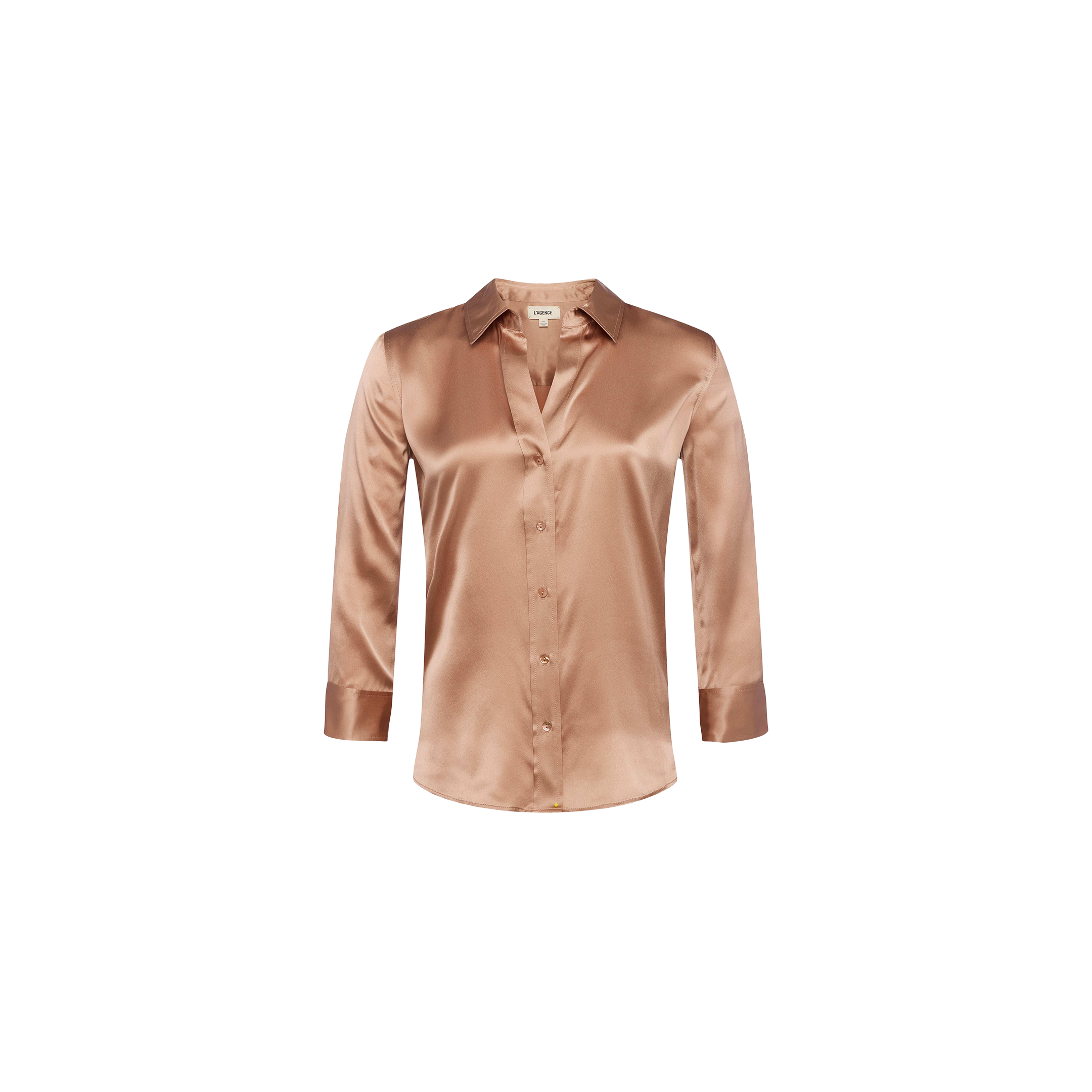 The Dani Silk Blouse is a light brown, three-quarter sleeve button-down top with a collar, displayed on a plain white background.