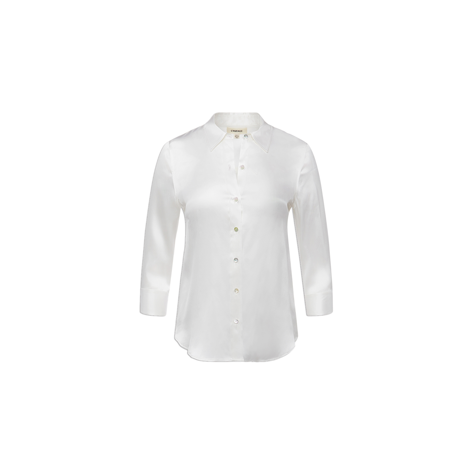 The Dani Silk Blouse is an elegant ivory, long-sleeved, button-down shirt with a collar, displayed on a plain white background.