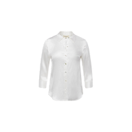 The Dani Silk Blouse, crafted from luxurious ivory charmeuse silk, features long sleeves, a classic collar, and a button-down front. Displayed on a plain white background, this elegant blouse is designed with a slightly curved hem for a timeless silhouette.