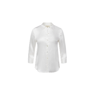 The Dani Silk Blouse is an elegant ivory, long-sleeved, button-down shirt with a collar, displayed on a plain white background.