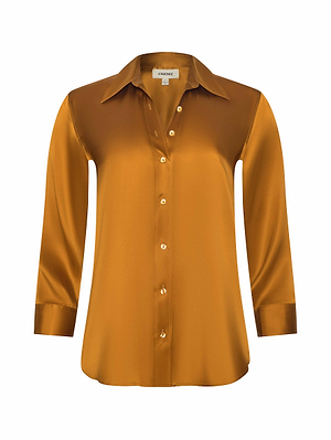 The Dani Silk Blouse by L'AGENCE is a shiny golden-brown satin button-down with long sleeves, cuffs, and a collar, shown on a plain white background.
