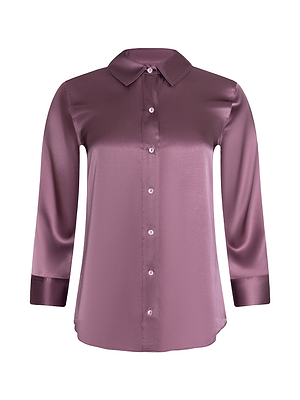 The Dani Silk Blouse is a long-sleeve, mauve silk button-down featuring a pointed collar and shiny finish, displayed on a white background.