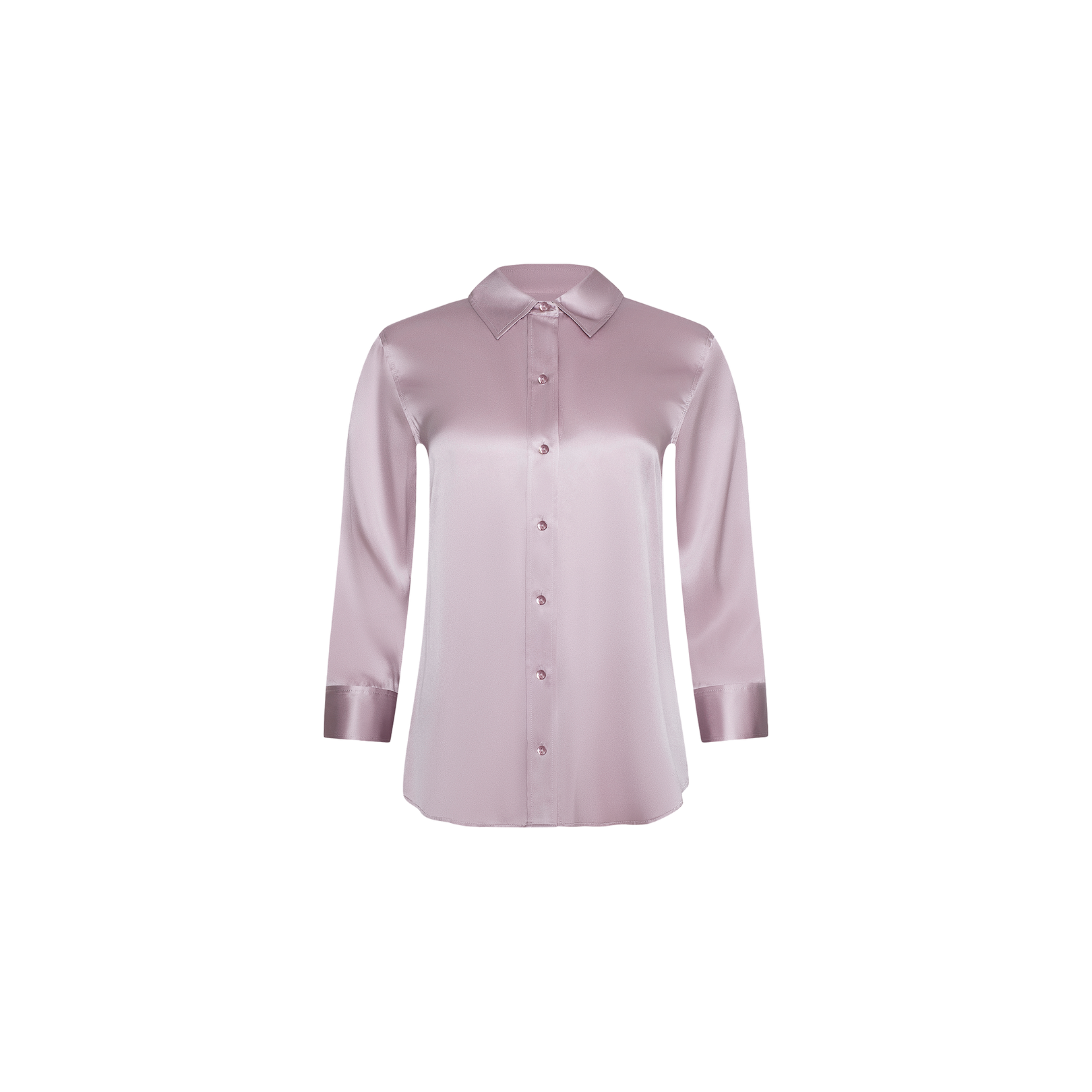 The Dani Silk Blouse, shown on a plain white background, features long sleeves, a classic collar, and buttons down the front in a light pastel lilac satin fabric.