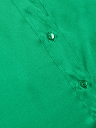 Close-up of a green Dani Silk Blouse highlighting two buttons and part of a seam, with smooth silk button-down fabric texture.