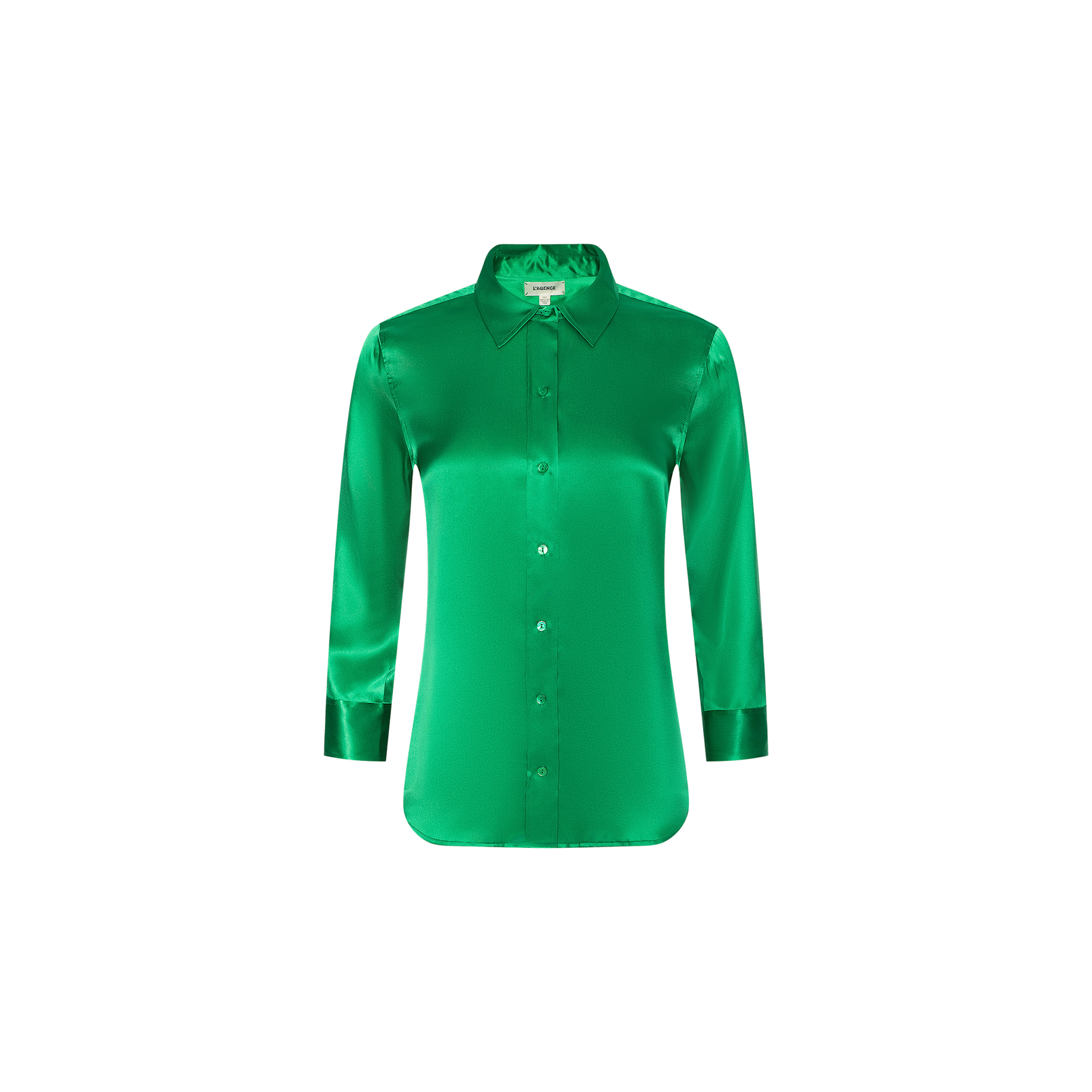 A Dani Silk Blouse in green, featuring long sleeves and a collar, is displayed on a plain white background.