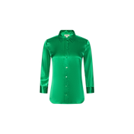 The Dani Silk Blouse is a vibrant green, button-down top featuring a pointed collar and 3/4 sleeves, shown against a plain white background.
