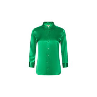 A Dani Silk Blouse in green, featuring long sleeves and a collar, is displayed on a plain white background.