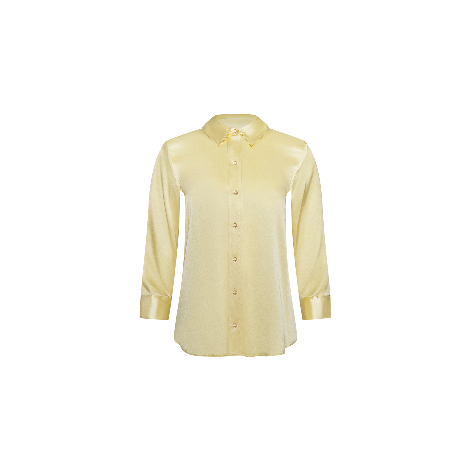 The Dani Silk Blouse is a long-sleeved, button-up blouse made from light yellow silk, shown against a plain white background.