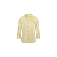 The Dani Silk Blouse is a light yellow, long-sleeve top crafted from silk, featuring a classic collar and button-down front, shown against a plain white background.
