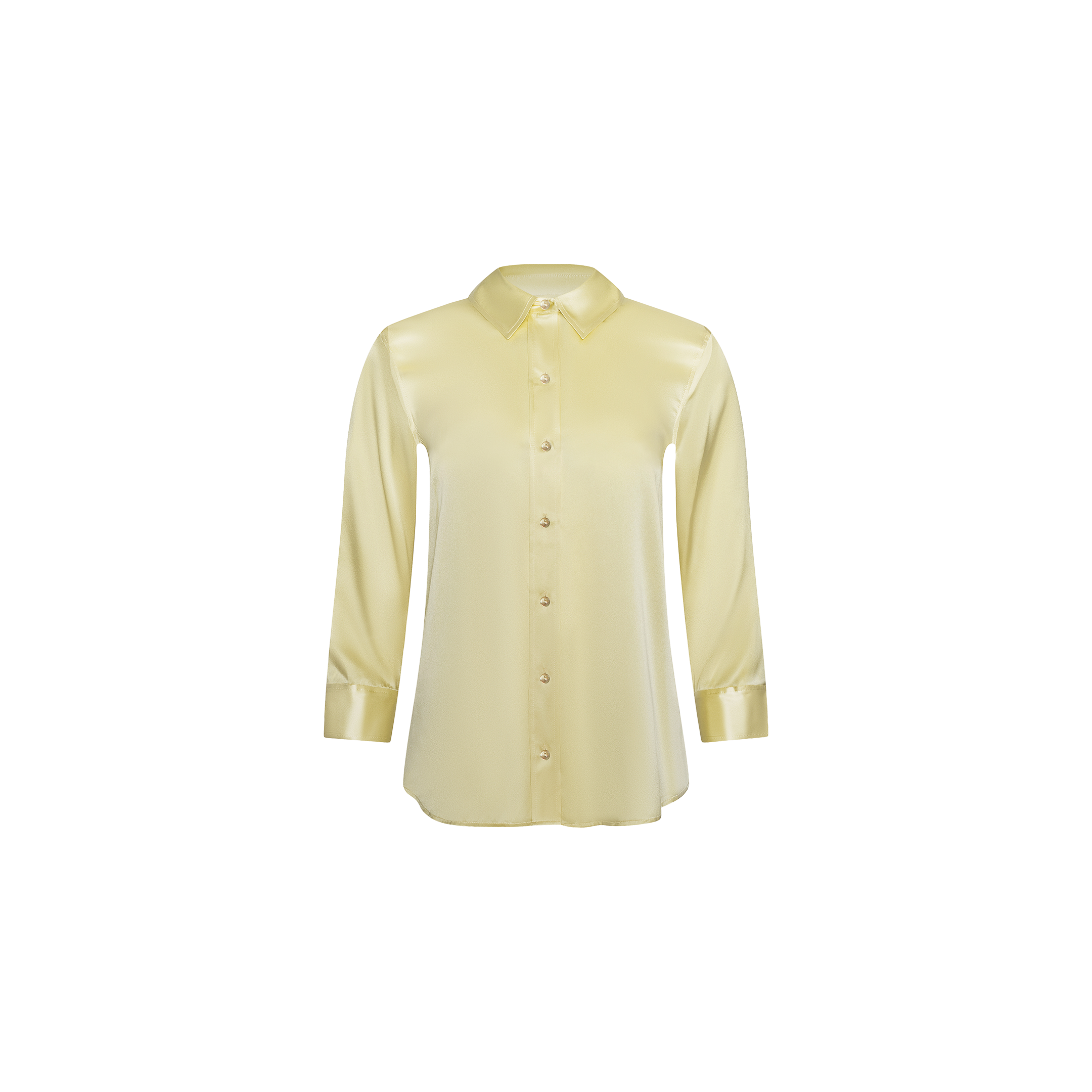 The Dani Silk Blouse is a light yellow, long-sleeve top crafted from silk, featuring a classic collar and button-down front, shown against a plain white background.