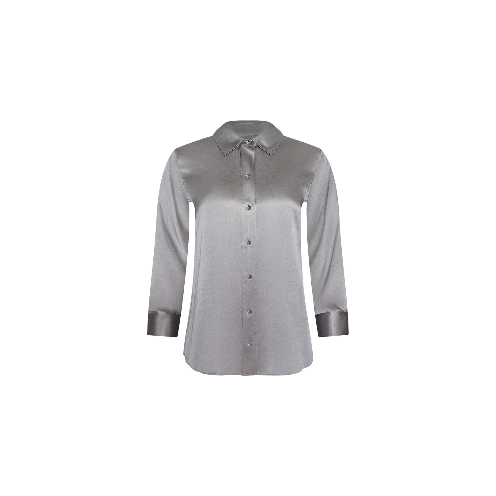 A long-sleeve Dani Silk Blouse made from shiny silver silk charmeuse fabric, featuring a button-down front and a pointed collar, displayed on a plain white background.