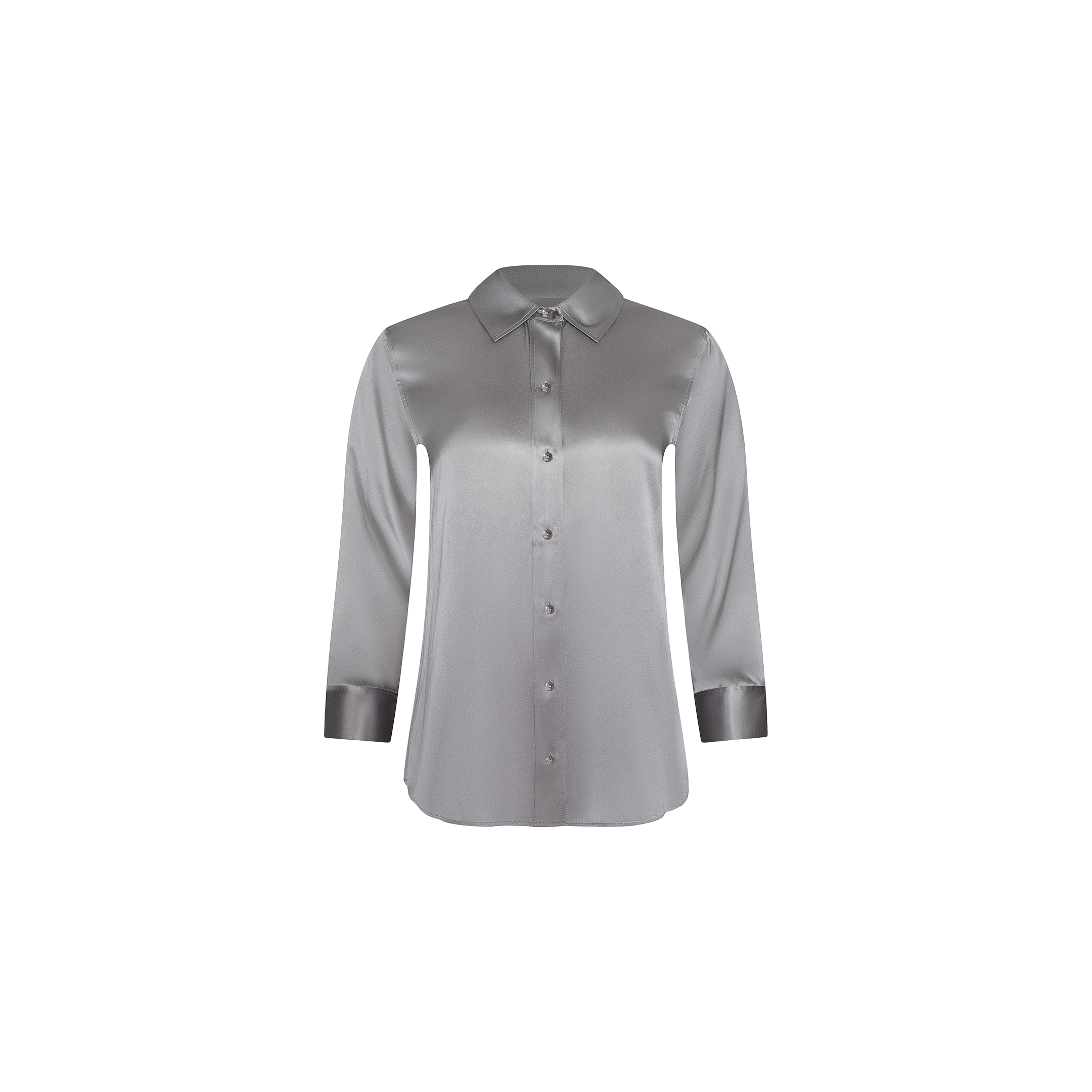 The Dani Silk Blouse is a long-sleeve, button-up top crafted from shiny gray silk charmeuse, featuring a classic collar and cuffed sleeves, shown against a plain white background.
