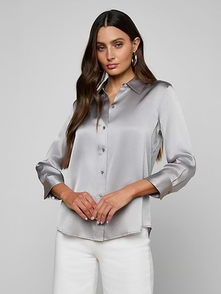 silver silk dress shirt 100% Mulberry Men's Silk Shirt Long Pure Silk Dress Shirts White / L