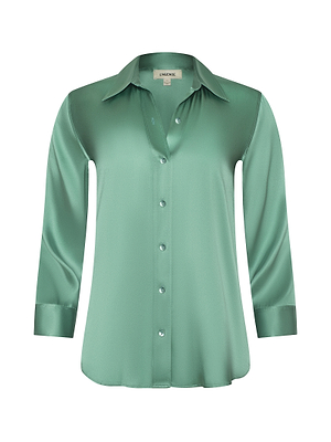 The Dani Silk Blouse features a shiny, light green 100% silk charmeuse fabric with a collar, long sleeves, button-down front, and a relaxed fit.