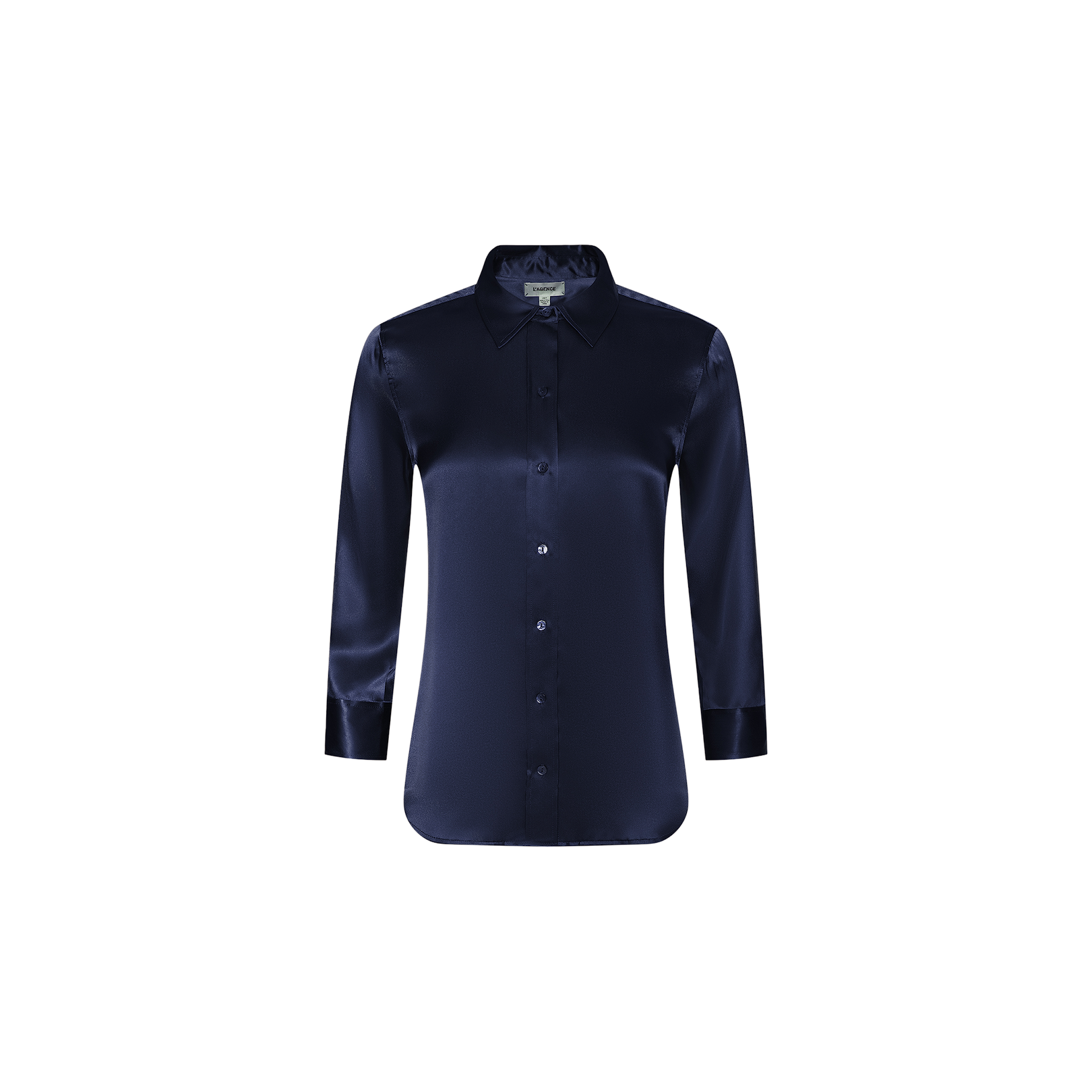 The Dani Silk Blouse is a midnight blue, long-sleeve, button-down satin blouse with a collar, displayed against a plain white background. This elegant top features luxurious silk fabric that offers a sophisticated sheen and timeless style.
