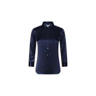 The Dani Silk Blouse is a midnight blue, long-sleeve, button-down blouse with a collar, crafted from lustrous silk satin and displayed on a white background.