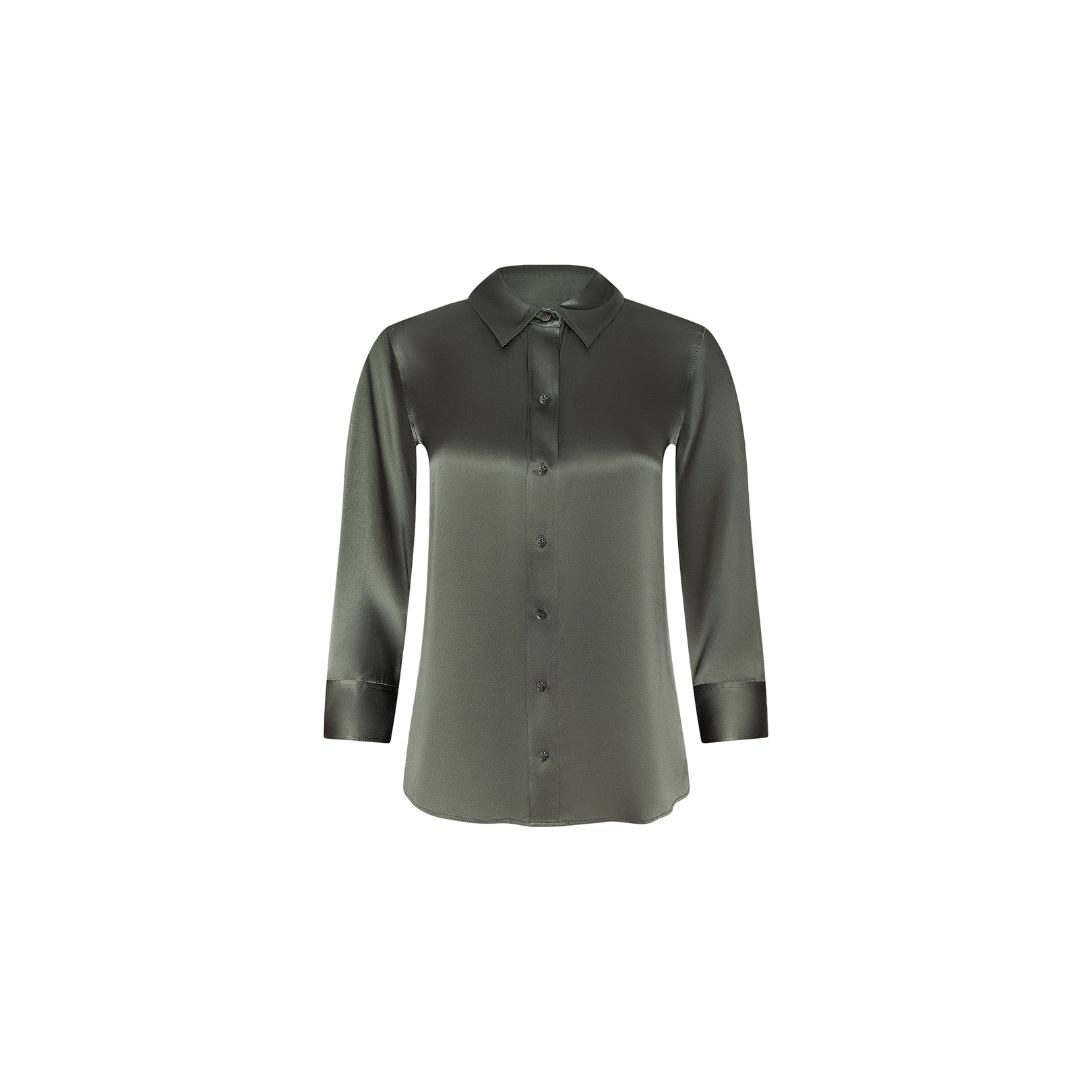 The Dani Silk Blouse is a long-sleeved, button-up shirt in smoky olive green, featuring a classic collar and a smooth, shiny finish reminiscent of satin, displayed on a plain white background.