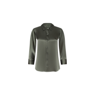 The Dani Silk Blouse in smoky olive green is showcased on a plain white background, featuring long sleeves, a collar, and a silk button-down front.