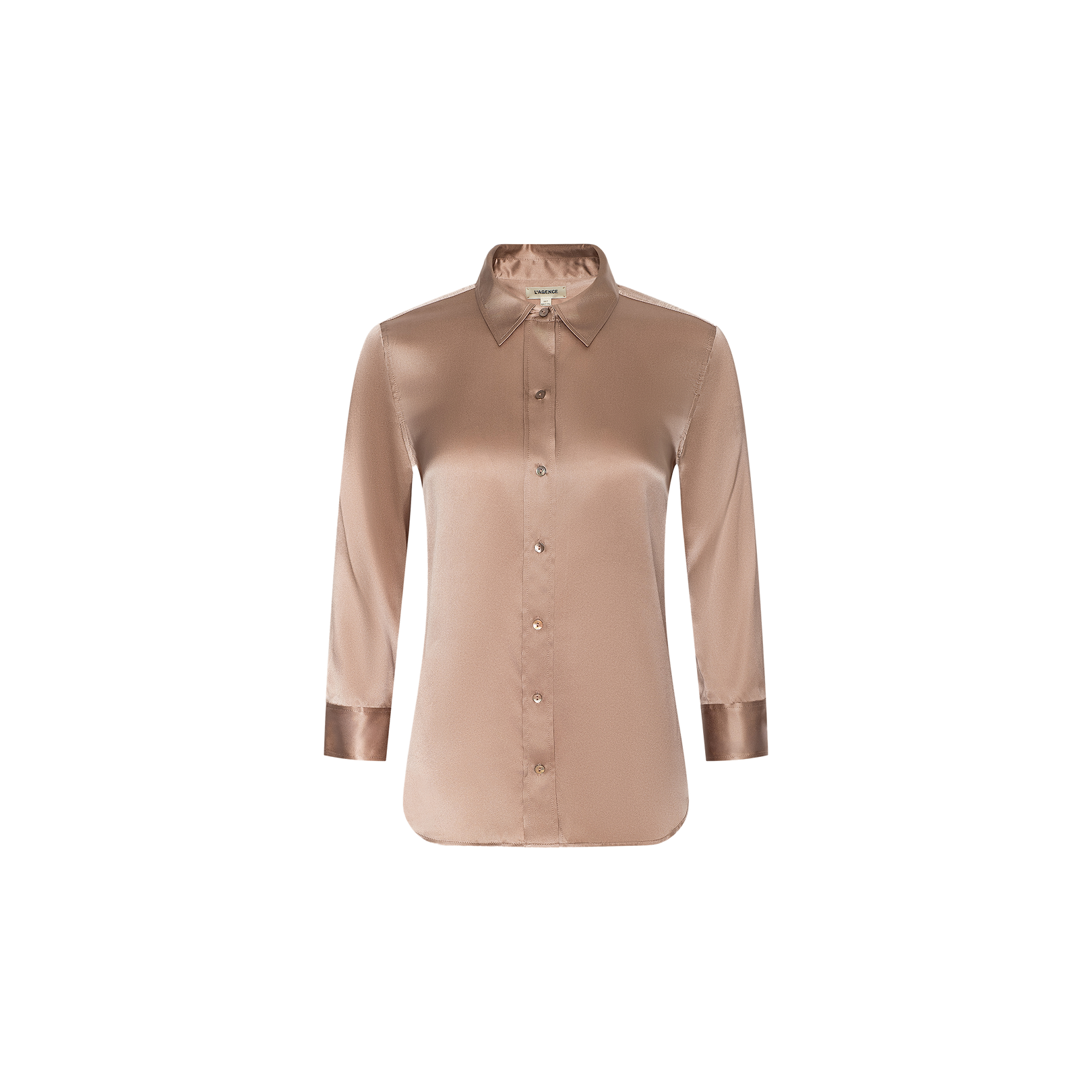 The Dani Silk Blouse is a long-sleeve, button-down silk charmeuse top in light brown, designed with a pointed collar and buttoned cuffs, shown against a plain white background.