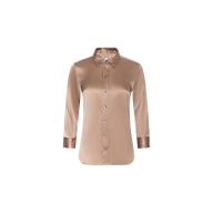 The Dani Silk Blouse is a light brown button-down shirt featuring a pointed collar and three-quarter sleeves, displayed on a plain white background.