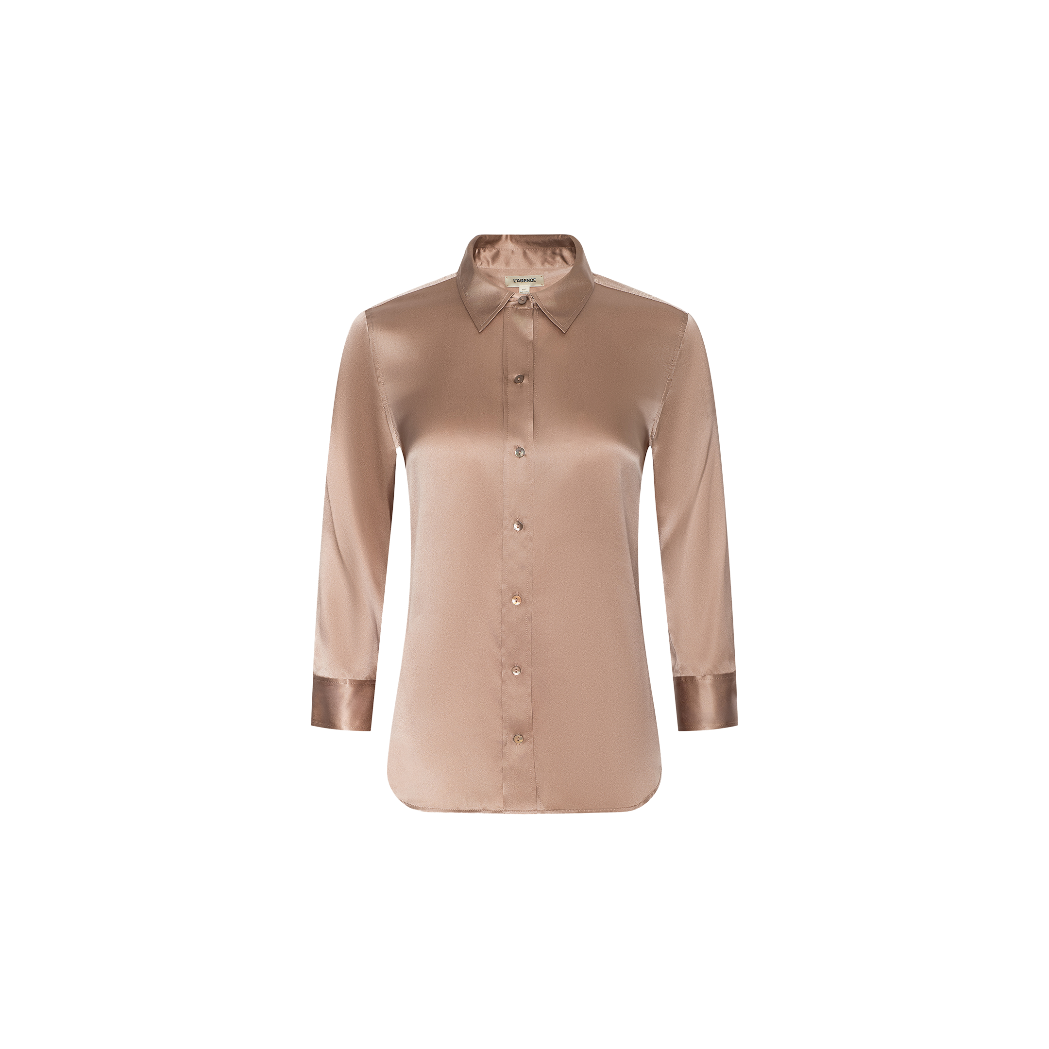 The Dani Silk Blouse is a light brown button-down shirt featuring a pointed collar and three-quarter sleeves, displayed on a plain white background.