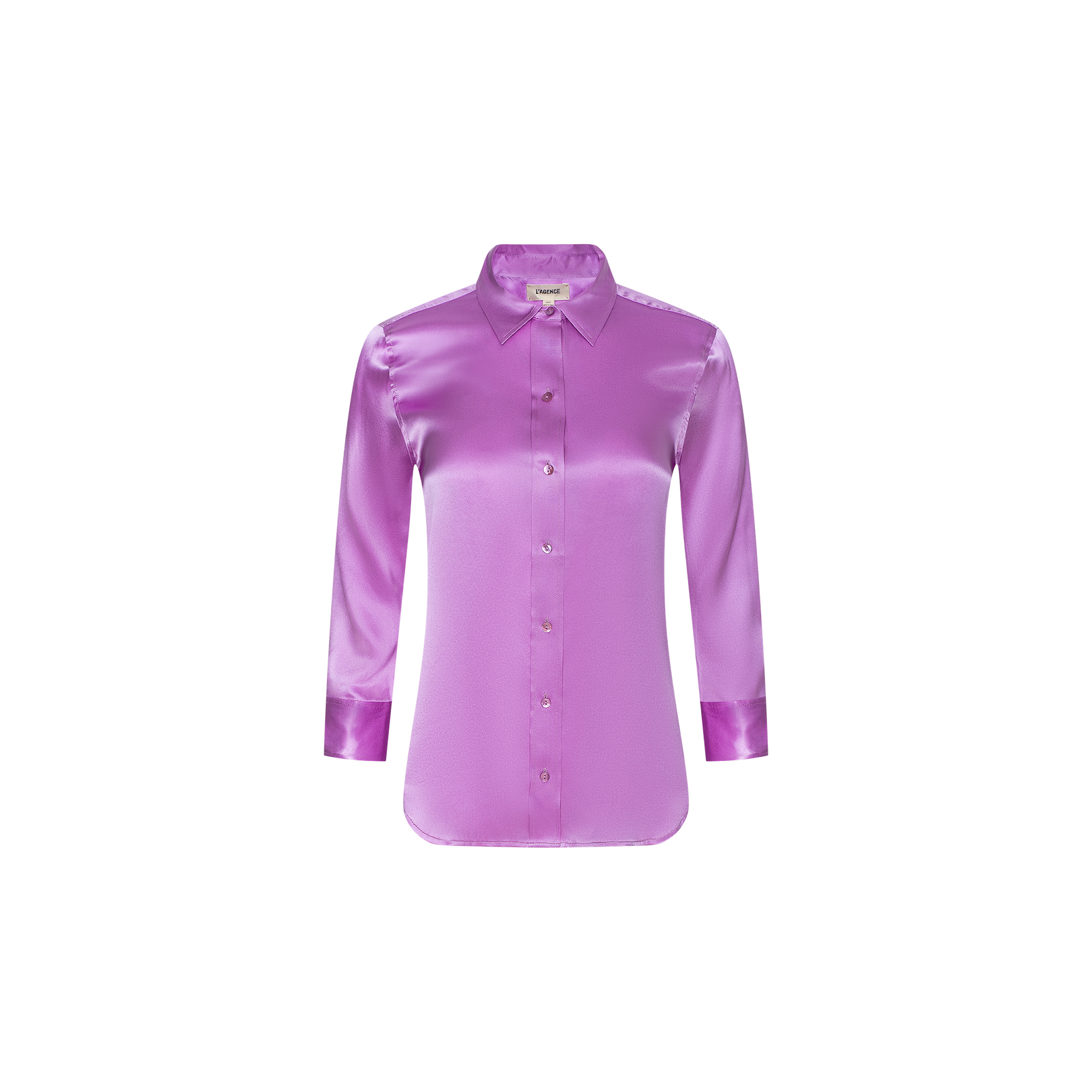 The Dani Silk Blouse, a long-sleeve, button-up satin top in bright purple with a pointed collar, is displayed against a plain white background.