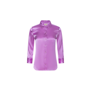 The Dani Silk Blouse, a long-sleeve, button-up satin top in bright purple with a pointed collar, is displayed against a plain white background.