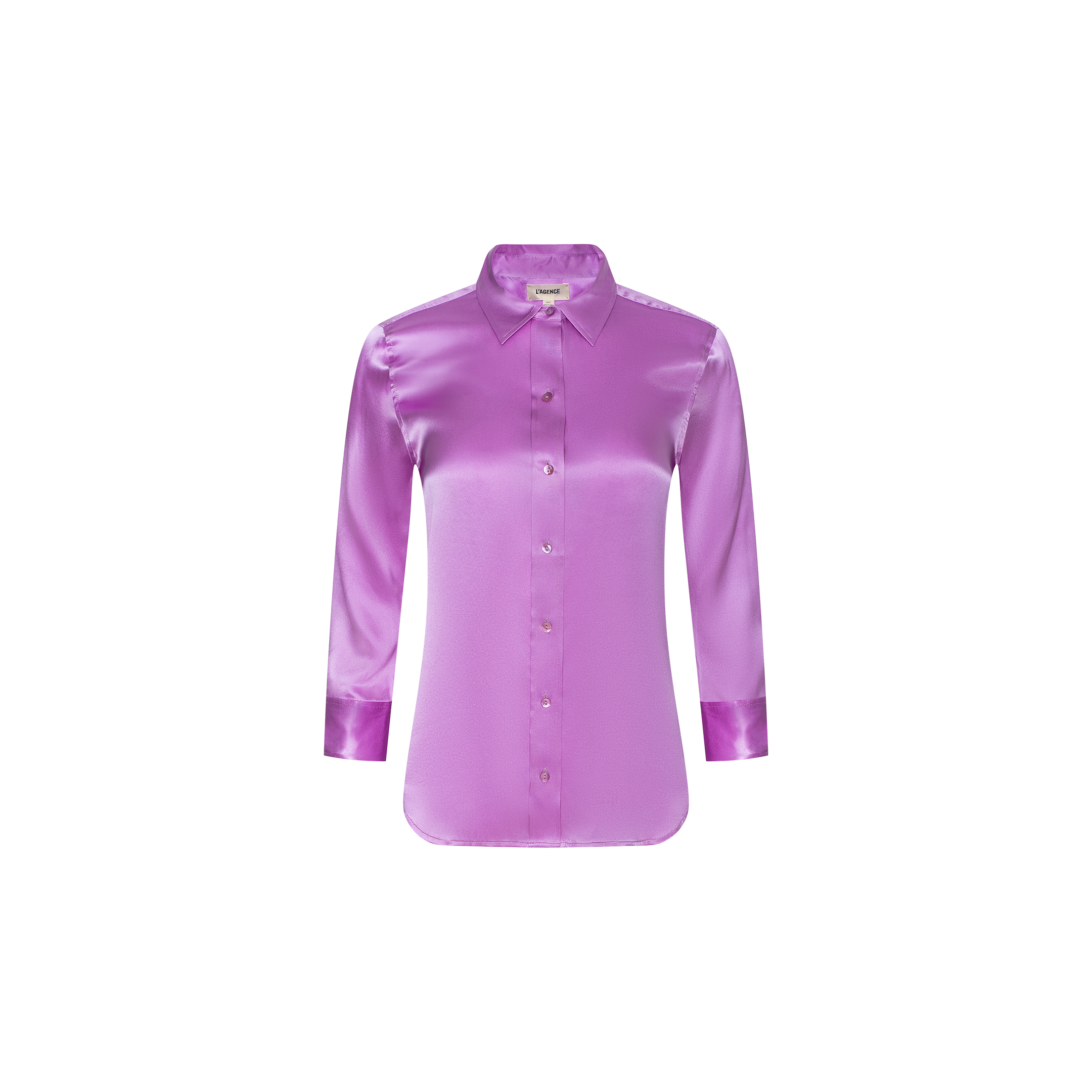 The Dani Silk Blouse, a long-sleeved collared satin shirt in bright pink, is displayed against a plain white background.