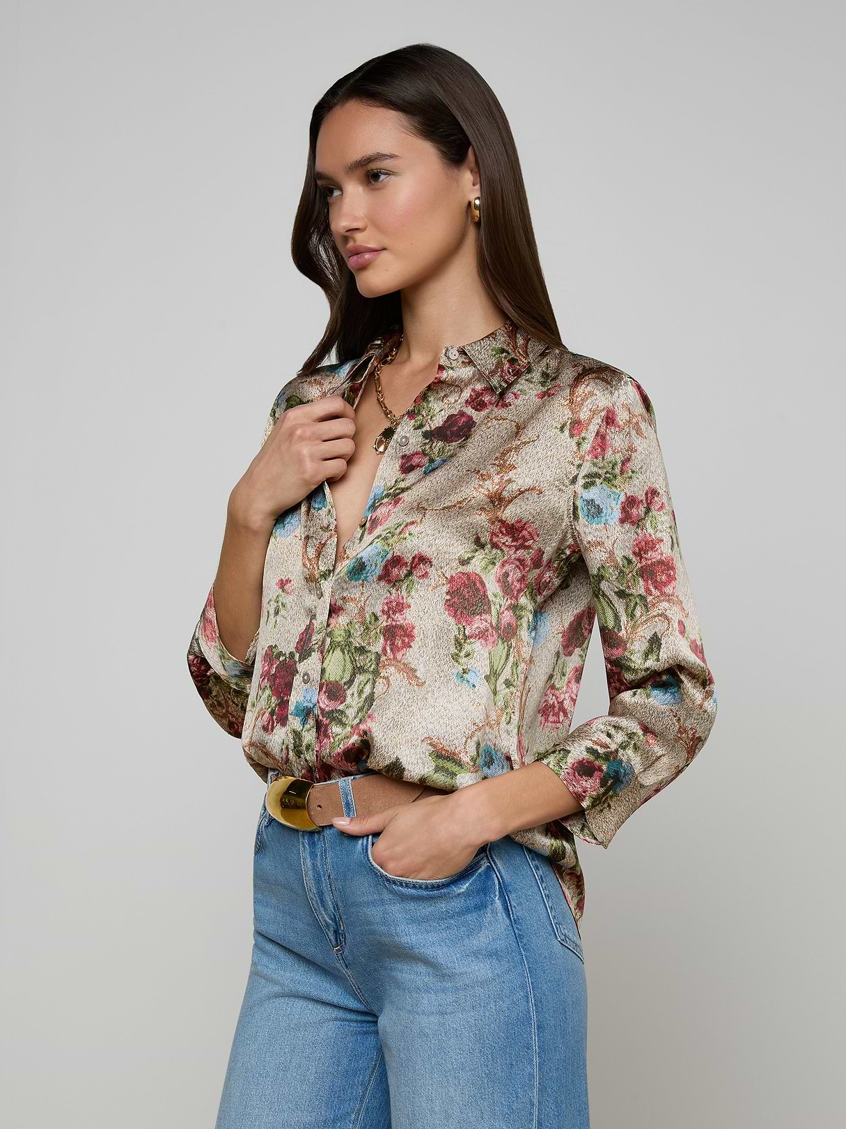 Nina Silk Blouse in Multi Watercolor Stripe | L'AGENCE