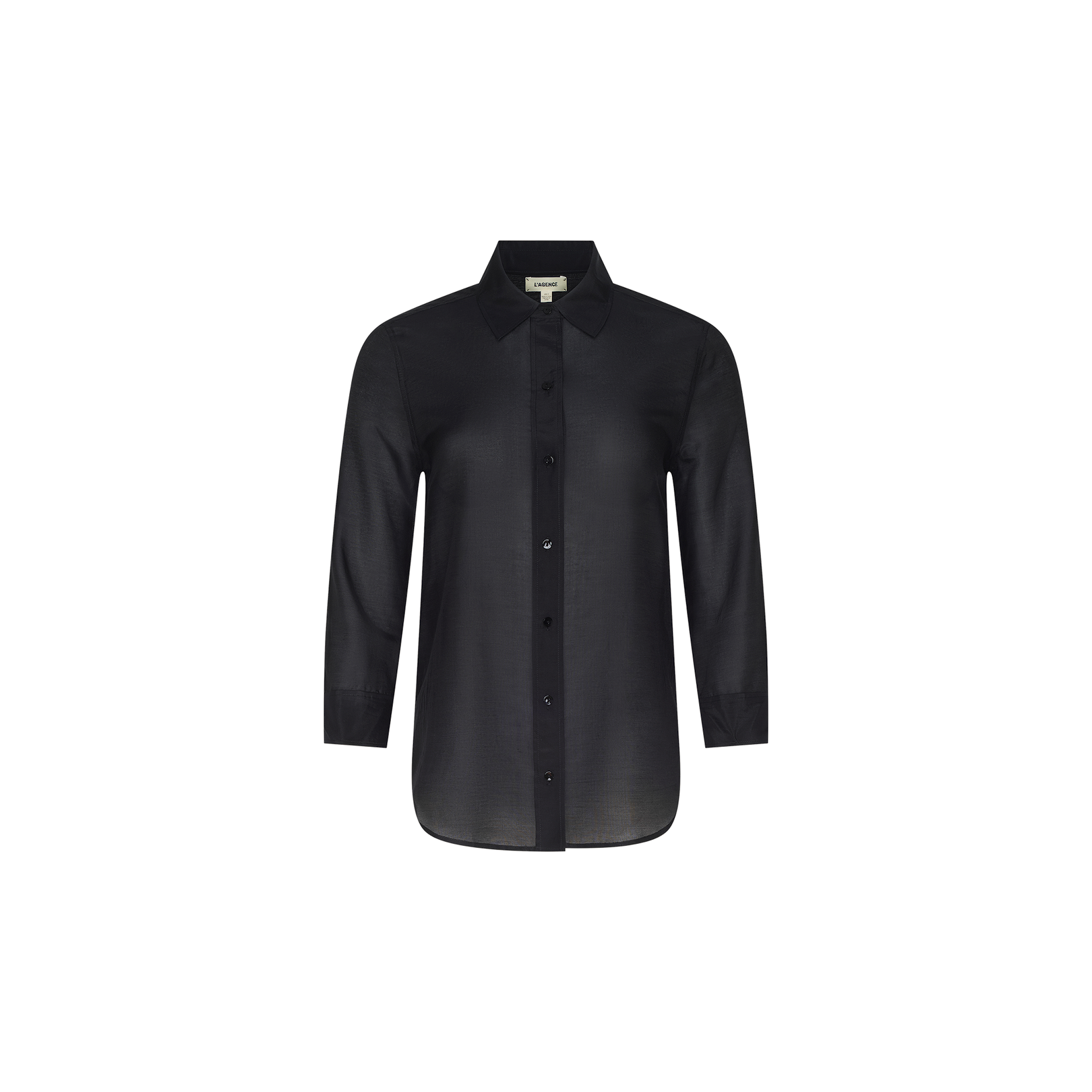 A Dani Cotton-Silk Blouse in black, made from a luxurious cotton-silk blend, showcases long sleeves, a classic collar, and button-up front detailing, presented against a plain white background.