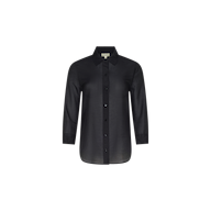 The Dani Cotton-Silk Blouse is a black, long-sleeve button-down with a collar, crafted from a luxurious cotton-silk blend and shown on a plain white background.